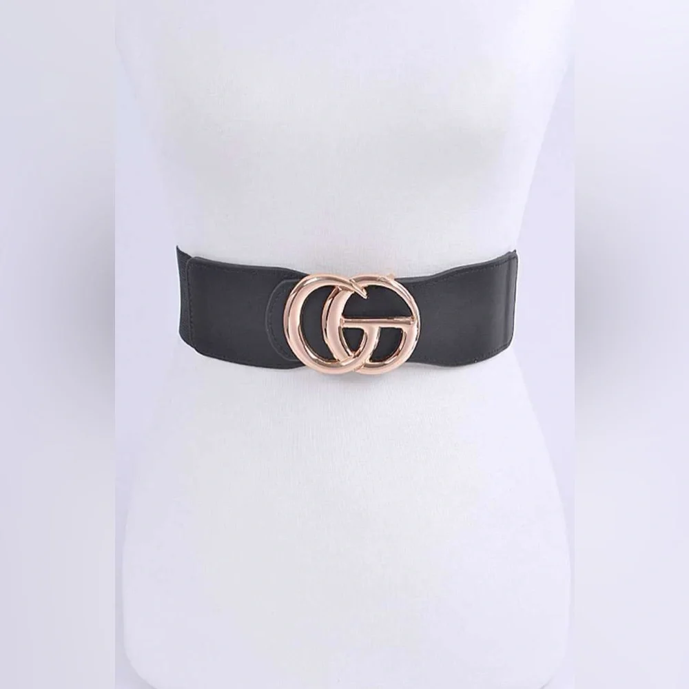 Oversized Metal Buckle Accented Elastic Statement Belt